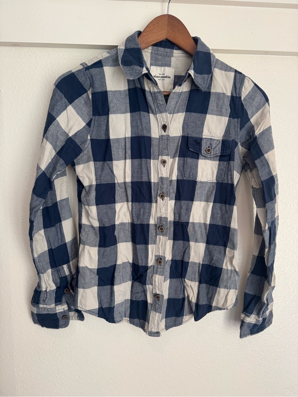 Abercrombie Girls XL Blue White Buffalo Plaid Flannel Button Down Shirt